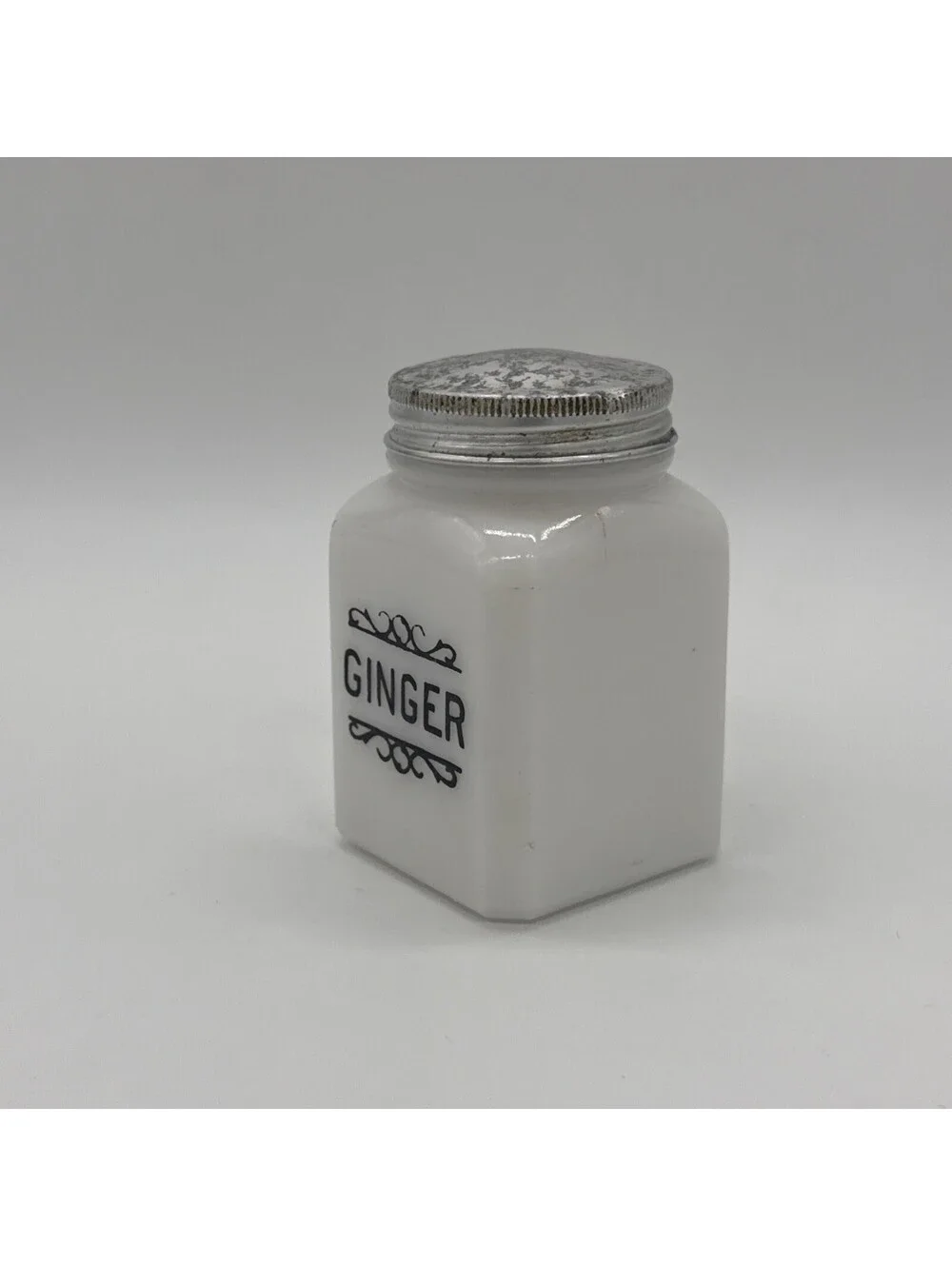 Vintage Milk Glass Spice Jar Busy Biddy Brand Ginger Metal Lid 3.25